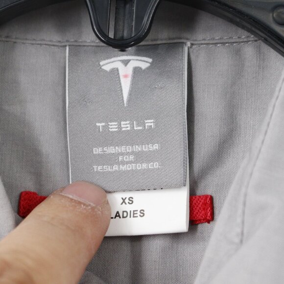 Tesla Shirt Womens XS Button Up 3/4 Sleeve Embroidered Logo Gray solid preppy - Picture 5 of 14